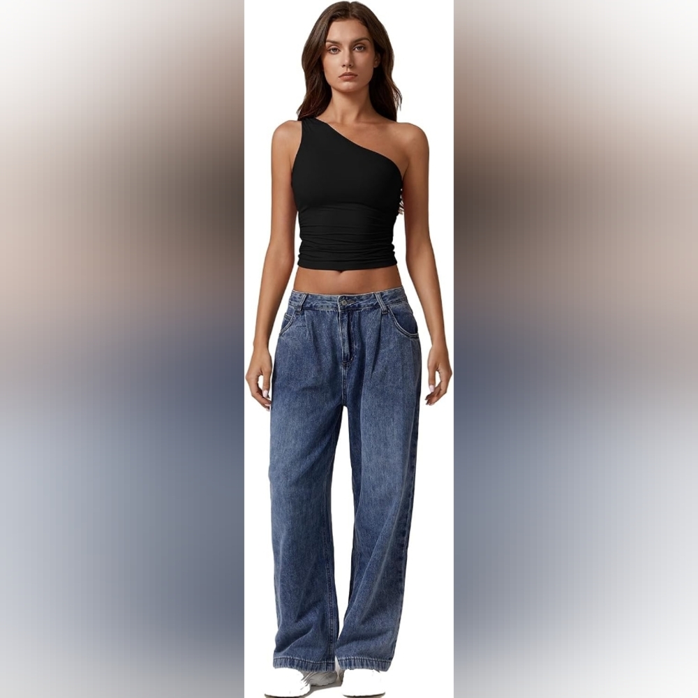 Nwt Qinsen Black One-Shoulder Slim Fit Crop Top Scrunch Sides Large - Picture 4 of 10
